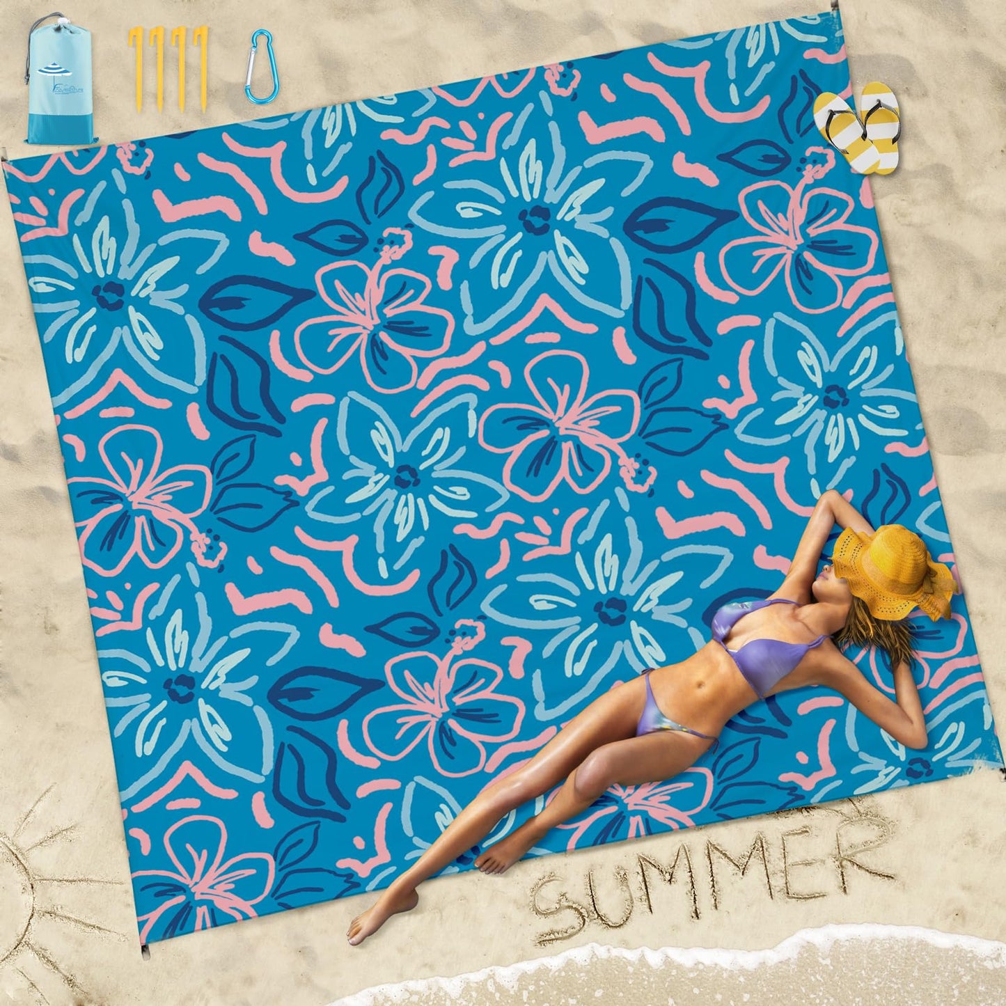 Famstar Beach Blanket Sandproof Waterproof 78''×81''1-5 Adults Oversized,Compact Lightweight Durable Beach Mat for Travel Camping Hiking Picnic Blanket
