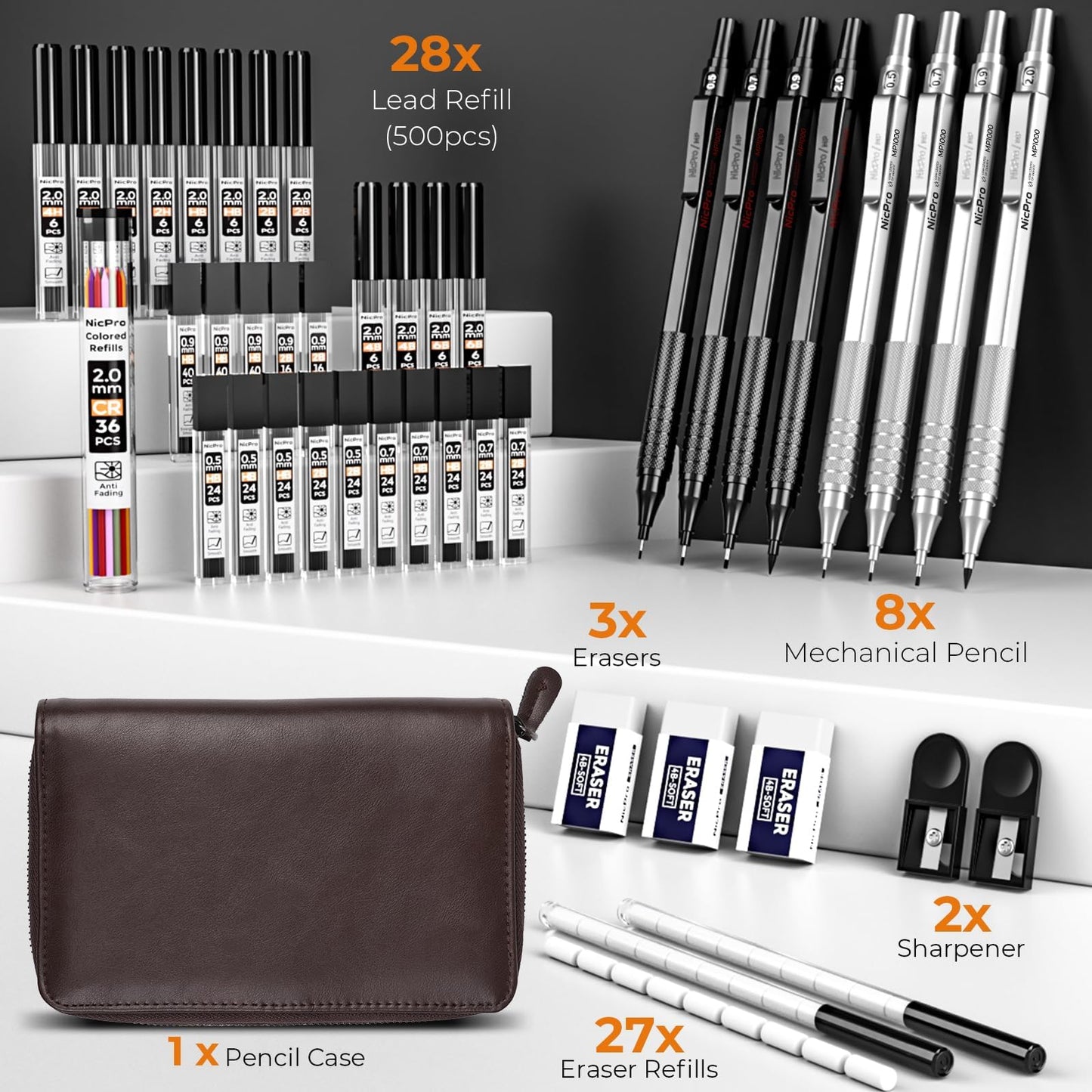 Nicpro 45PCS Black & Silver Metal Mechanical Pencil Set in Leather Case, Art Drafting Pencil 0.5, 0.7, 0.9 mm, 2mm Lead Holders for Sketching Drawing With 27 Tube (6B 4B 2B HB 2H 4H Colors)Lead Refill