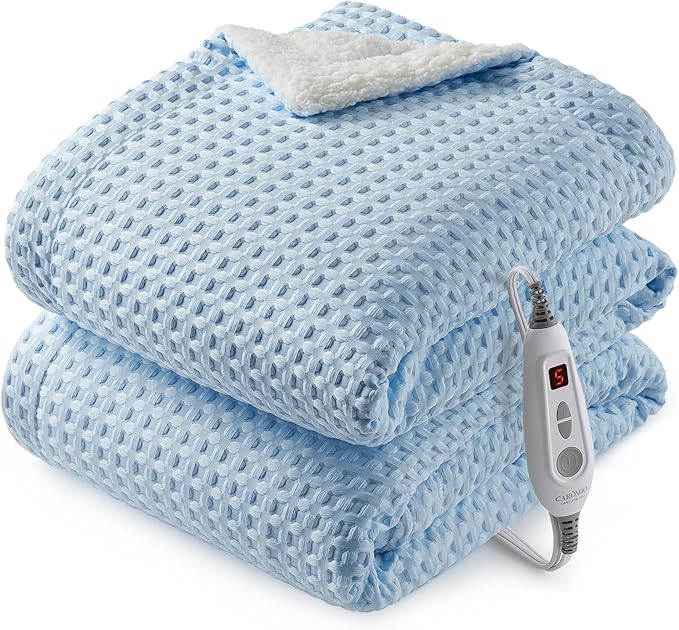CAROMIO Heated Blanket Throw, Waffle Weave Electric Throw Blanket Fast Heating with LCD Controller, 6 Heat Levels & 4 Hour Auto Shut Off, ETL Certified, Machine Washable, Light Blue, 50" x 60"