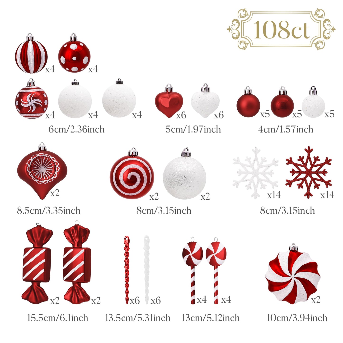 Valery Madelyn Christmas Ornaments Set, 108ct Candy Cane Red and White Shatterproof Christmas Tree Decorations Ball Ornaments Bulk, Hanging Ornaments for Xmas Trees Holiday Party Decor