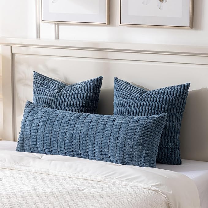 Fancy Homi Dusty Blue Long Body Lumbar Decorative Throw Pillow Covers 14x36 Inch for Bed Couch Bedroom Bench, Soft Corduroy Rectangle Solid Pillow Case, Rustic Farmhouse Boho Room Decor