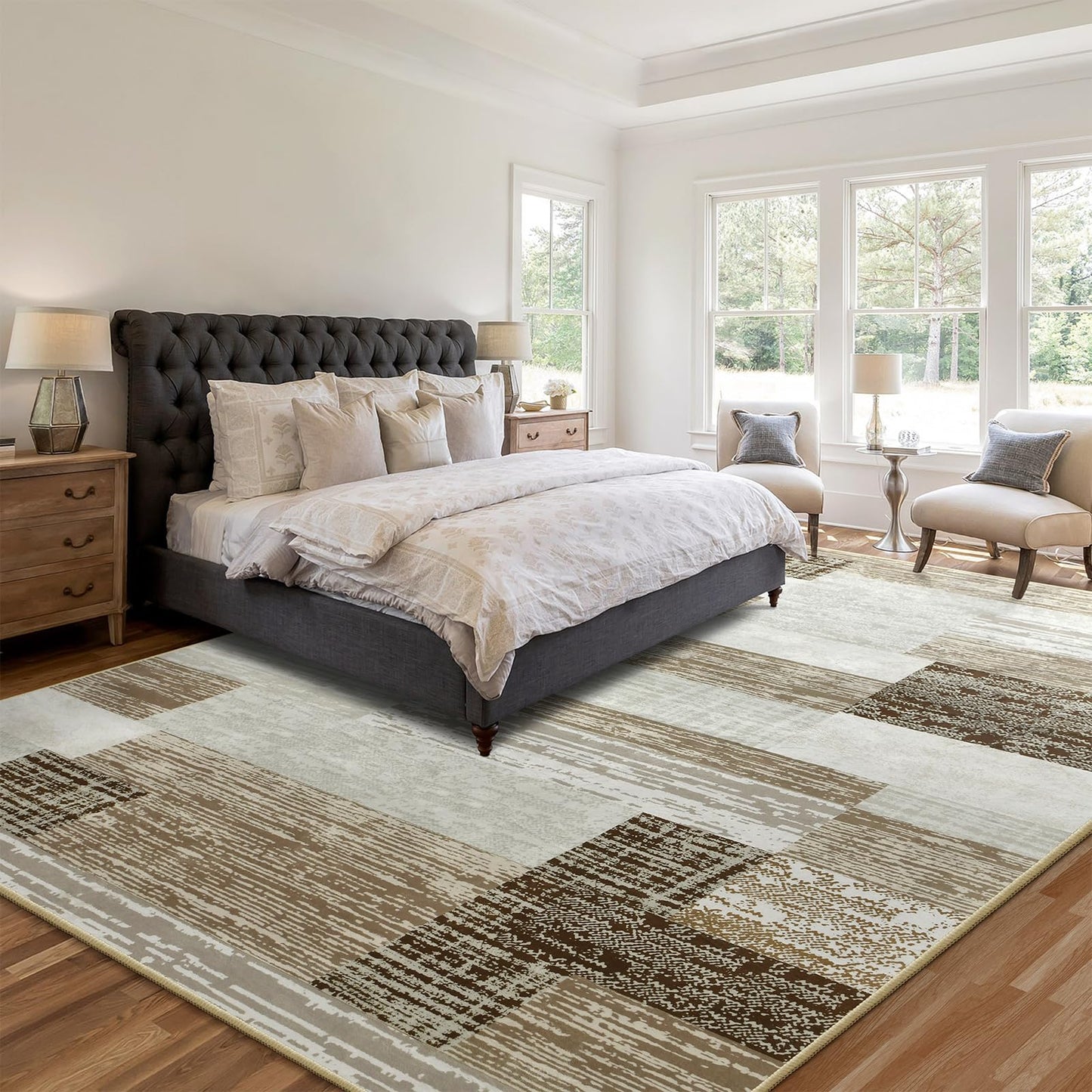Large Area Rugs,Modern Geometric Patchwork Floor Decor for Bedroom Aesthetic Carpet, Rockwood Collection, Indoor Rugs for Living Room, Dining Room, Nursery, Office, Machine Washable Rug,5x8 Ft Beige