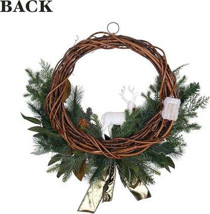 28" Lighted Christmas Wreath for Front Door, Handmade with Pinecones Ornaments Deer Bow, Christmas Wreath Decoration for Home Door Porch Wall Indoor Outdoor