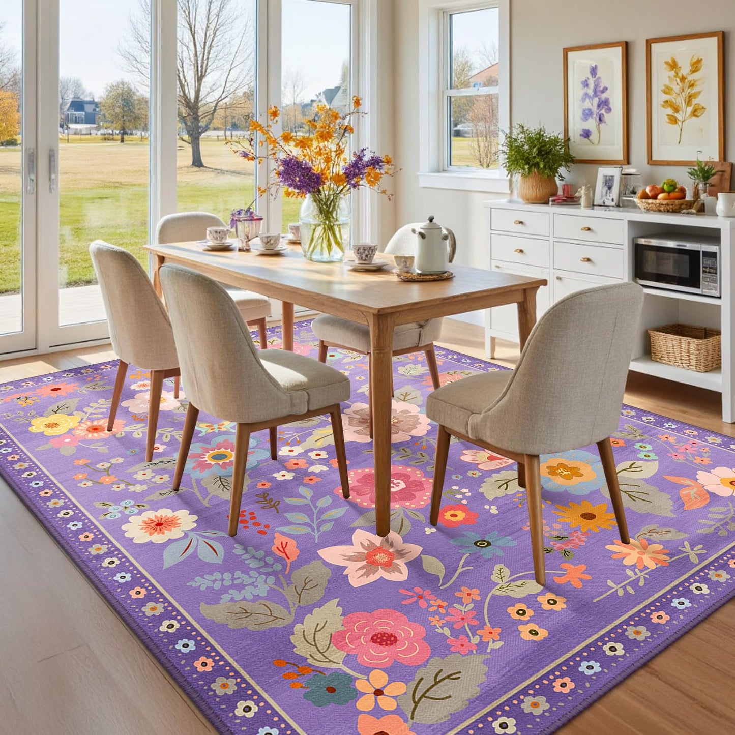 RELEANY Floral 5x7 Area Rugs Washable Print Boho Cute Carpet Non Slip Flower Low Pile for Living Room Bedroom Kitchen Office Farmhouse-Purple/Pink/Multi