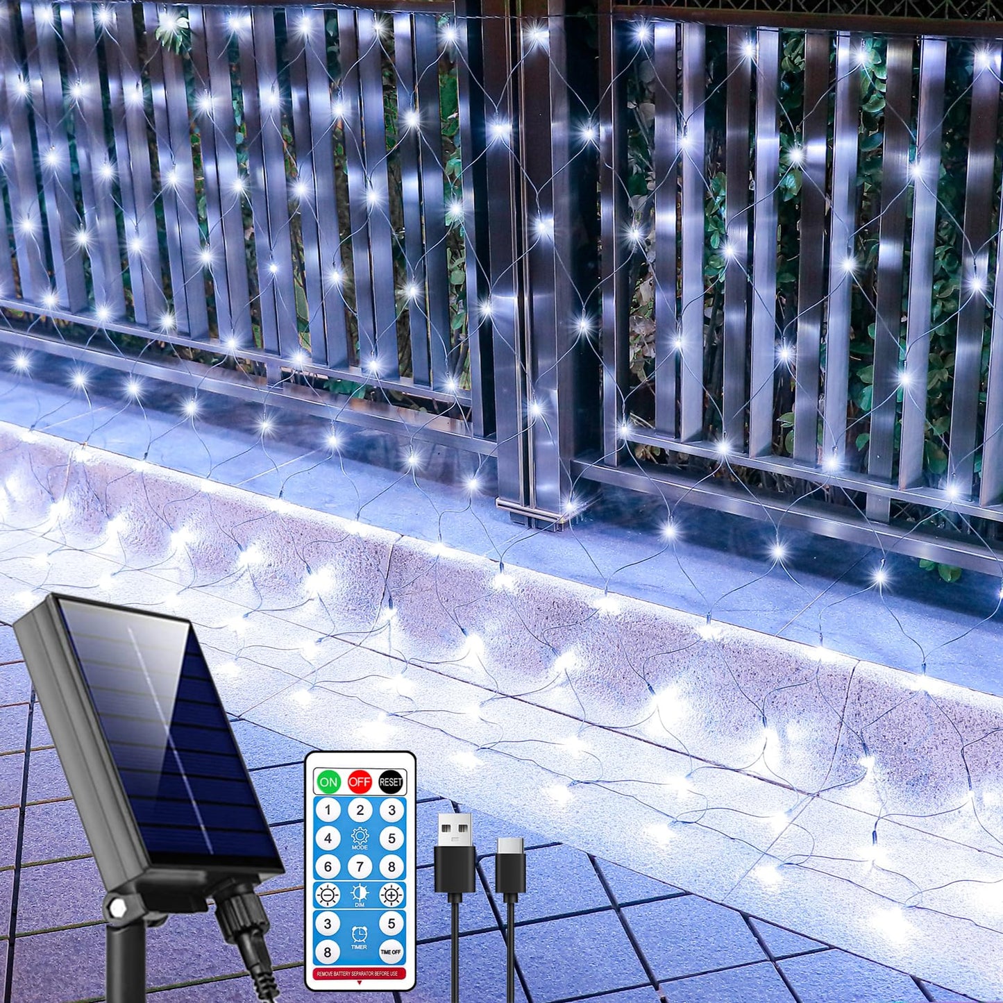 21ft x 5ft Solar Net Lights Outdoor, Solar & USB 2 Power Way 360 LED Waterproof Mesh Lights for Bushes, Remote Control 8 Modes String Light Trees Patio Garden Christmas Indoor Decor (Cool White)