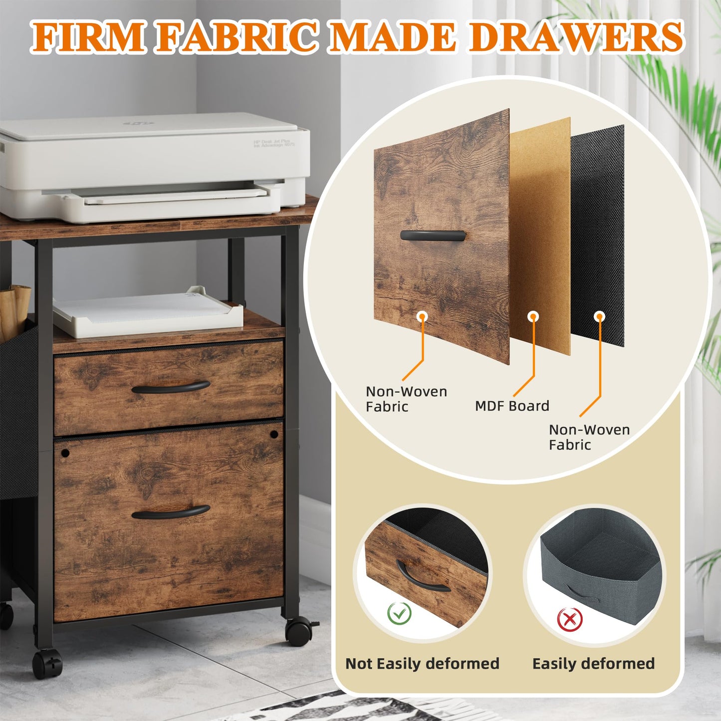 GYIIYUO 2 Drawer File Cabinet with 24'' Extended Desktop, Mobile Filing Cabinet, Rolling File Cabinet with Side Bag, Fabric Drawer, Fits A4/Letter Size, Printer Stand Home Office, Light Brown