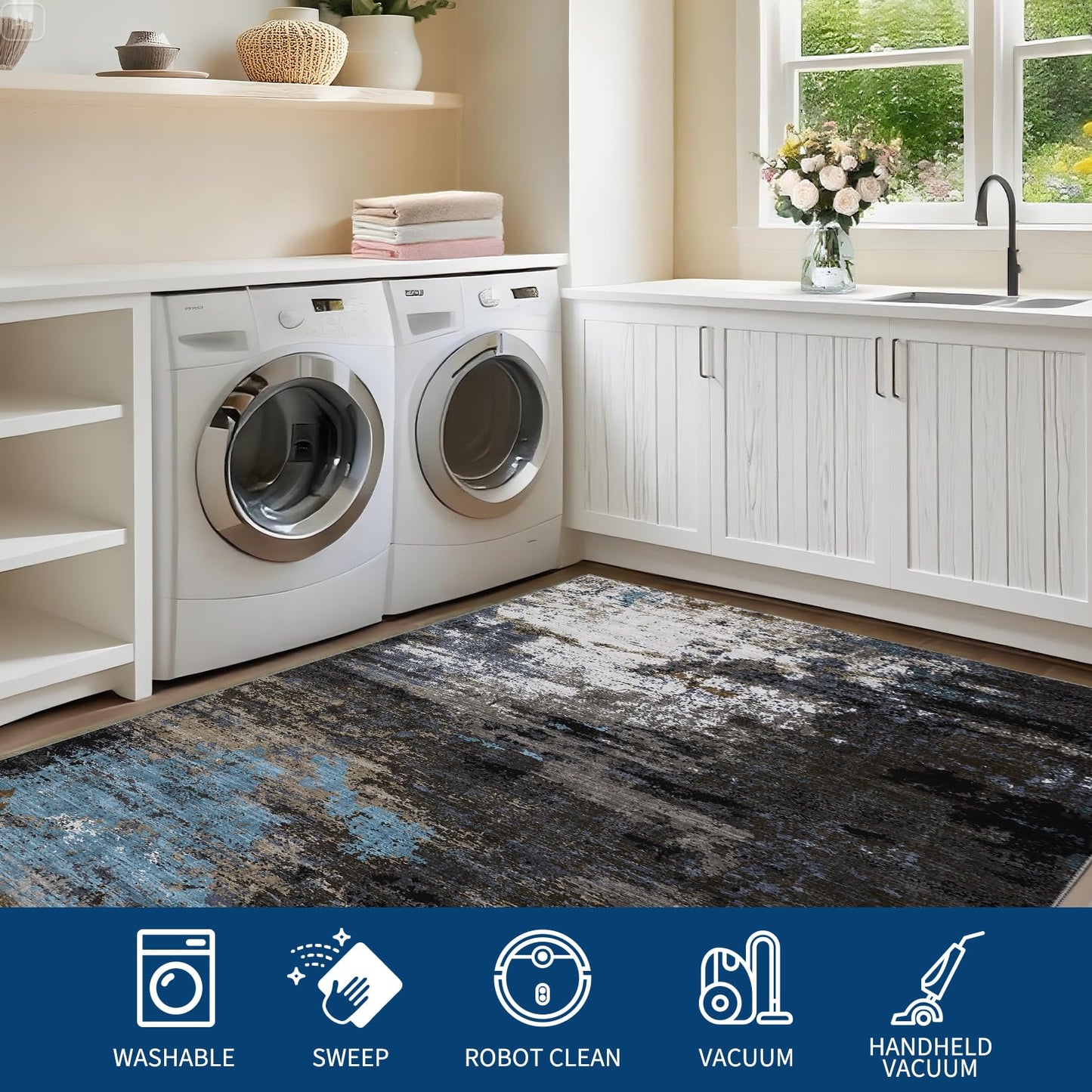 GarveeHome Washable Area Rugs 2x6 Non-Slip Abstract Runner Rugs, Ultra-Soft Low Pile Floor Cover, Stain Resistant Contemporary Indoor Floor Carpet for Hallway, Bedroom, Laundry, Grey Brown