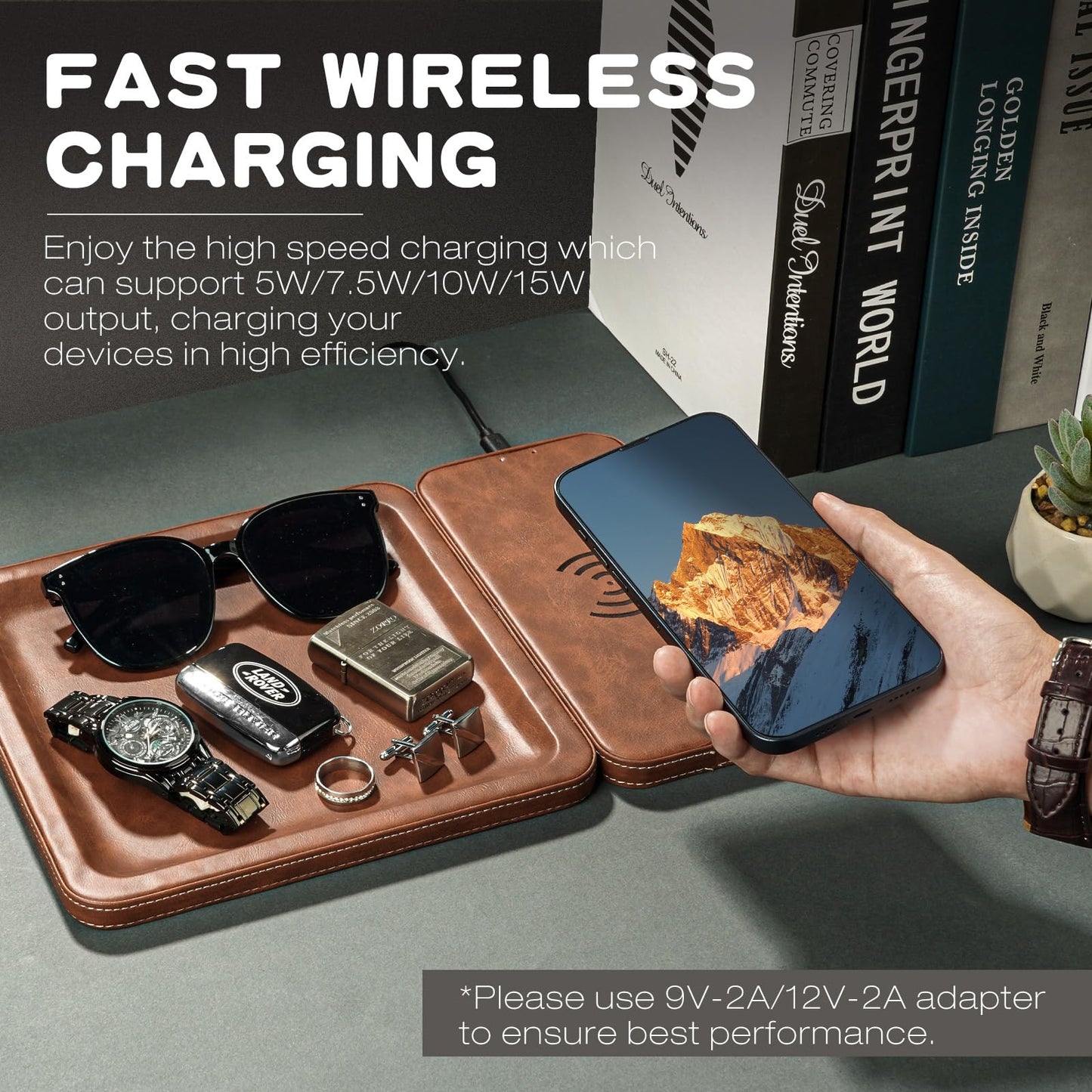PU Leather Wireless Charging Station and Valet Tray, Gift for Men Husband Dad from Wife Daughter Son, Nightstand Organizer for Men Women, Boyfriend Anniversary Birthday Gifts for Him