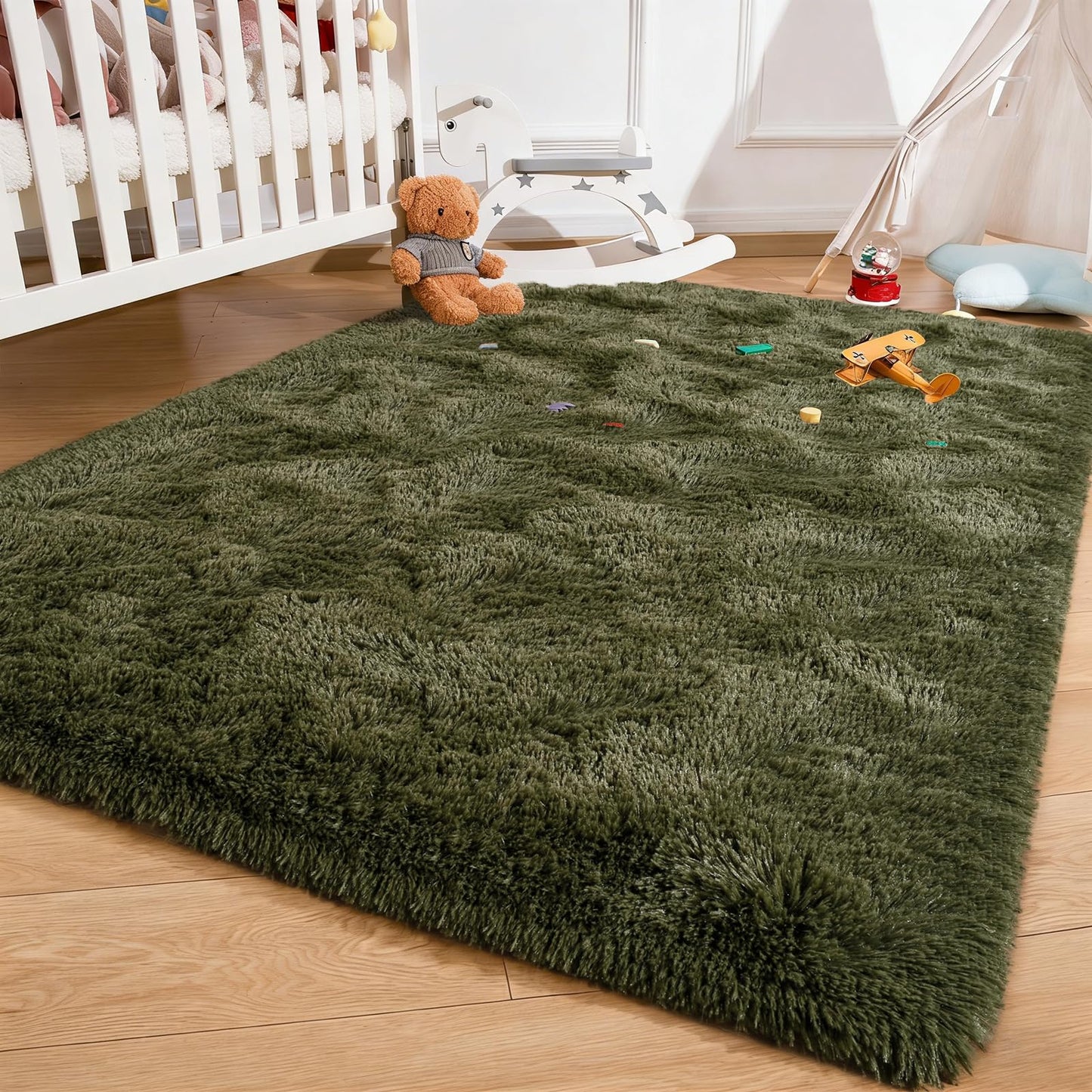 Andecor Shag Area Rug for Living Room, 5 x 8 Feet Olive Green Soft Fluffy Indoor Plush Throw Rugs for Bedroom Girls Kids Room Nursery Dorm Home Decor Carpet