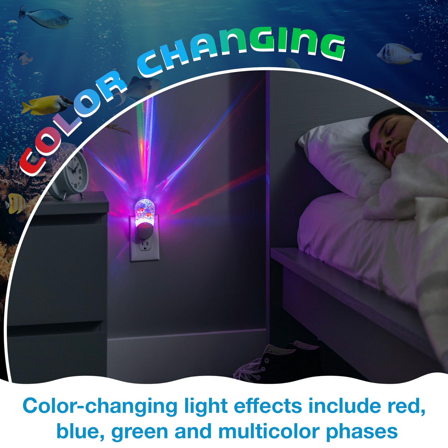 Lights By Night Tropical Aqualites LED Night, Plug-in, Color Changing, Light Sensing, Auto On/Off, for Kids, Under the sea, Fish, Bedroom, Bathroom, Playroom, 10908
