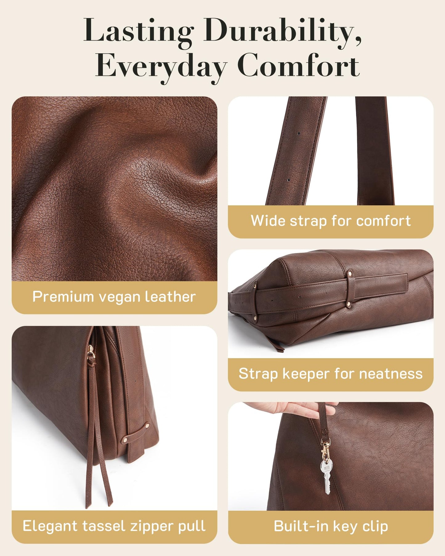 Missnine Hobo Bag for Women Designer Purse Shoulder Handbags Vegan Leather Tote Bag Large Crossbody Bags with Multi-Pockets,Brown