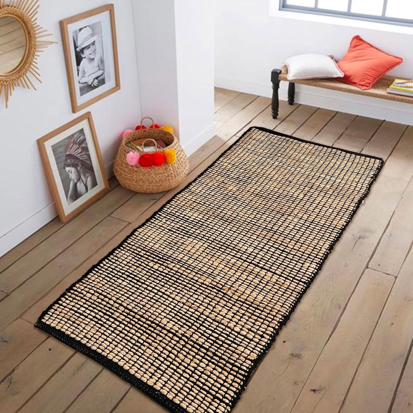Chardin home 2x5 Jute Cotton Hand Woven Runner Rug | Braided Hallway Rug, Boho Rustic Style, Natural Jute/Black | Farmhouse Vintage Rugs for Entryway, Hallway, Foyer, or Kitchen