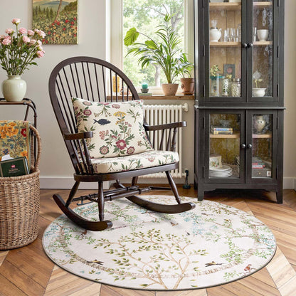 jinchan Yarden Round Rug 6ft, Vintage Distressed Botanical Birds Print Rug, Machine Washable Ultra Thin Low Pile Non Slip Area Rug, Ivory Circle Rug for Living Room Bedroom