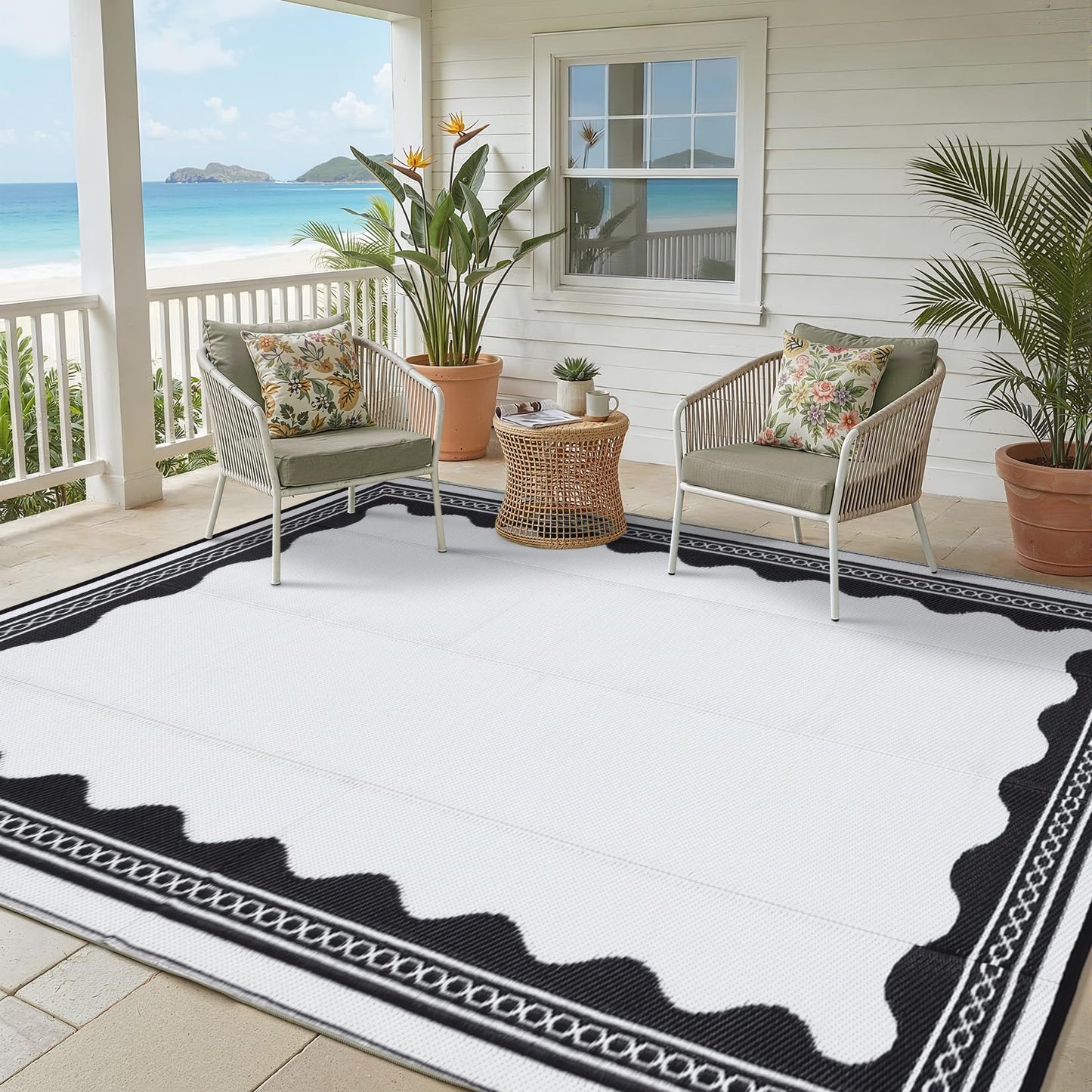Garvee Outdoor Rug 8x10 Scalloped Waterproof Patio RV Outdoor Rugs Reversible Foldable Plastic Straw Rug Modern Camping Carpet for Deck Camper Porch Balcony Backyard Picnic Beach Black and White