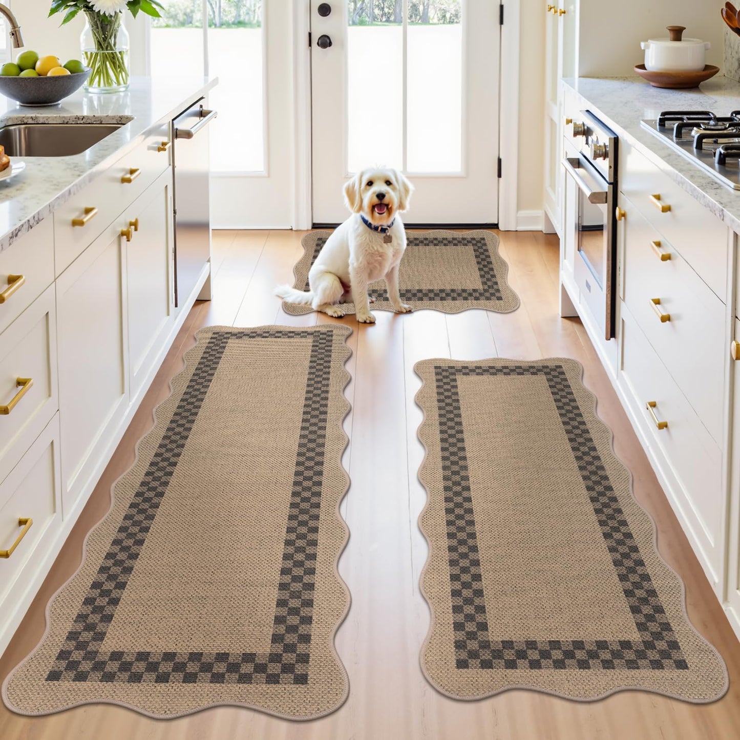 U'Artlines Non-Slip Scalloped Kitchen Rugs Set 3 PCS, 20"x32"+ 20"x48"+20"x59" Washable Low Profile Easy Jute Kitchen Floor Mats Runner Set for Sink Hallway Entryway Laundry Decor(Checked)