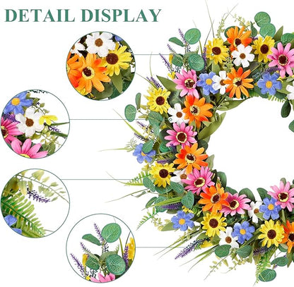 Dremisland 22 Inch Colorful Daisy Wreath Spring Summer Wildflower Wreath with Green Eucalyptus Leaves for Front Door Artificial Floral Wreaths Window Wall Farmhouse Wedding Party Festival Decor