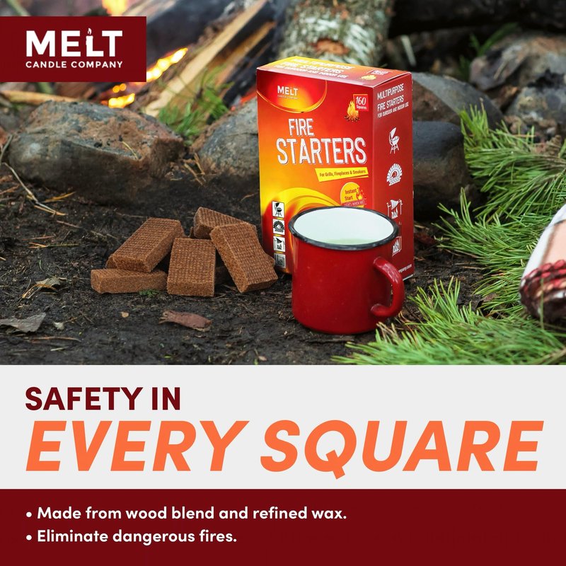 Fire Starter Squares, 160 pcs - Charcoal Fire Starters for Campfires, Grill, Outdoor Pit, Fireplace, Wood Stove, BBQ - Firestarter Sticks, Water Resistant & Odorless - Camping Accessories Essentials