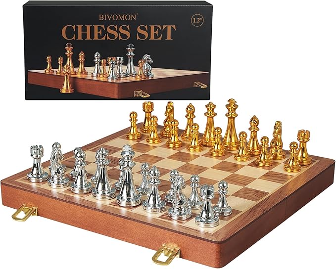 Metal Chess Set for Adults Kids 12'' Folding Wooden Chess Board with Metal Chess Pieces Handcrafted Portable Travel Chess Sets Game for Beginner Professional (Weighted Non-Magnetic)
