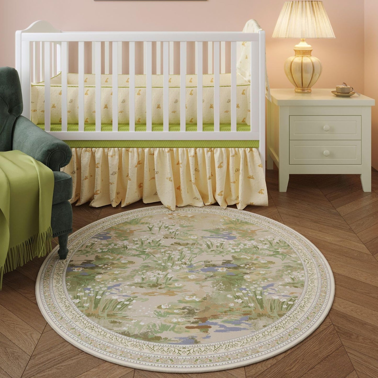 Rugcomf Circle Rug Impressionist-Style Vintage Round Rug 4ft Non Slip Low Pile Small Circular Rug for Bedroom Bathroom Entryway Kids Room Office College Dorm, Beige