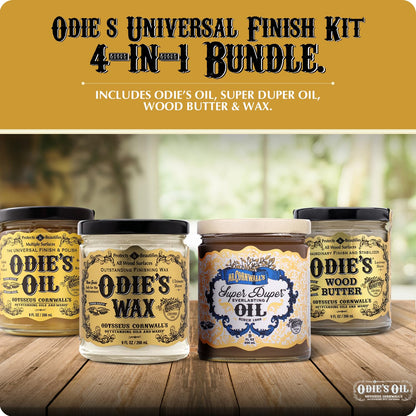 Odie’s Universal Finish Kit: 4-in-1 Bundle (9 oz) - Includes Odie’s Oil, Super Duper Oil, Wood Butter & Wax. Naturally Protect & Beautify Wood, Metal, Leather, Plastic & More