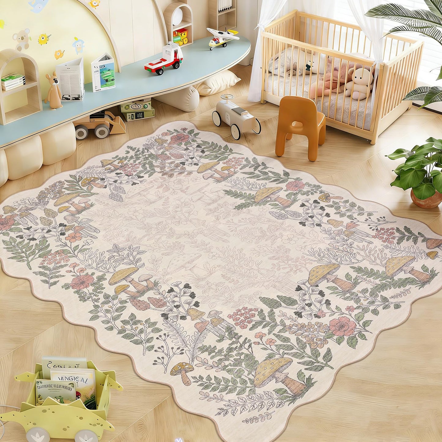 Garvee Scalloped Washable Rug 5x7 Area Rugs for Living Room, Botanical Mushroom Rug for Bedroom, Low Pile Non Slip Throw Rugs Indoor Modern Carpet for Nursery Playroom Dining Room, Beige