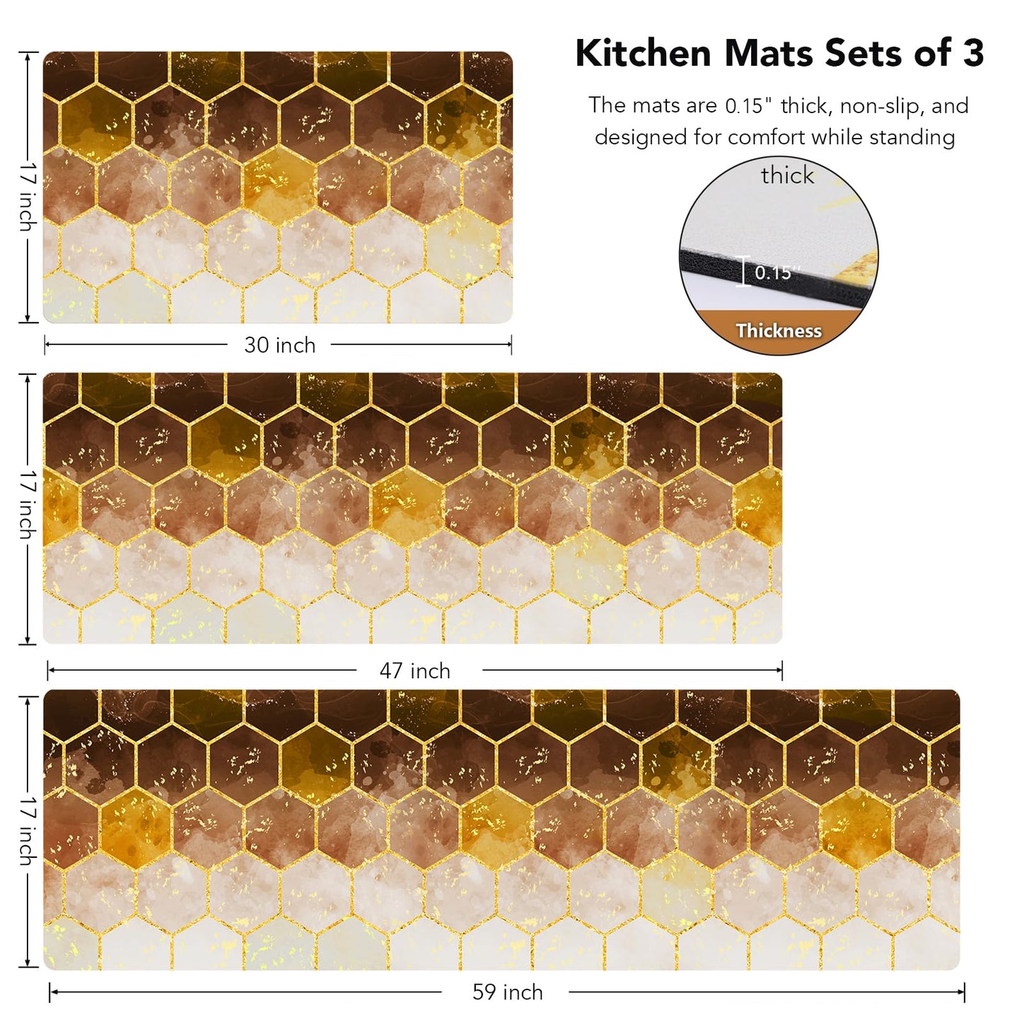 BSSN 3-Piece Kitchen Rugs and Mats Set,Cushioned No-Slip Resistant Kitchen Mats for Floor,Luxury Gold Hexagon Geometric Comfort Floor Mats,Washable Runner Rug for Kitchen Sink,Laundry,Office