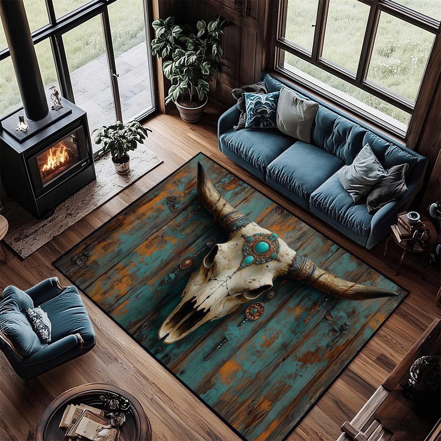 Southwestern Cow Skull Area Rug, Western Aztec Bull Skull Rug, Aztec Tribal Rugs, Native American Rugs, Moroccan Navajo Tribal Carpet for Living Room Bedroom (5' x 7'(Rectangular))