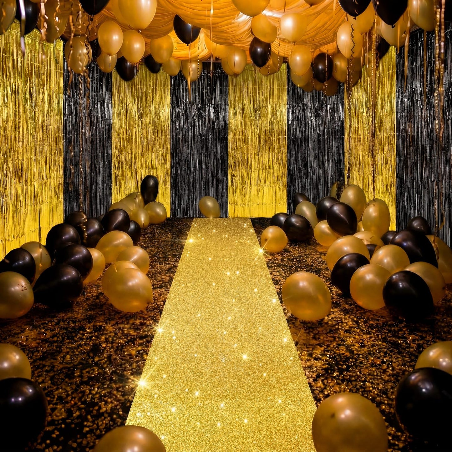 Moukeren 2026 Graduation Prom Decoration 2.5 x 30 ft Gold Carpet Runner with 4 Metal Tinsel Tassel Curtains for College Graduation Ceremony Birthday Wedding Party Decor