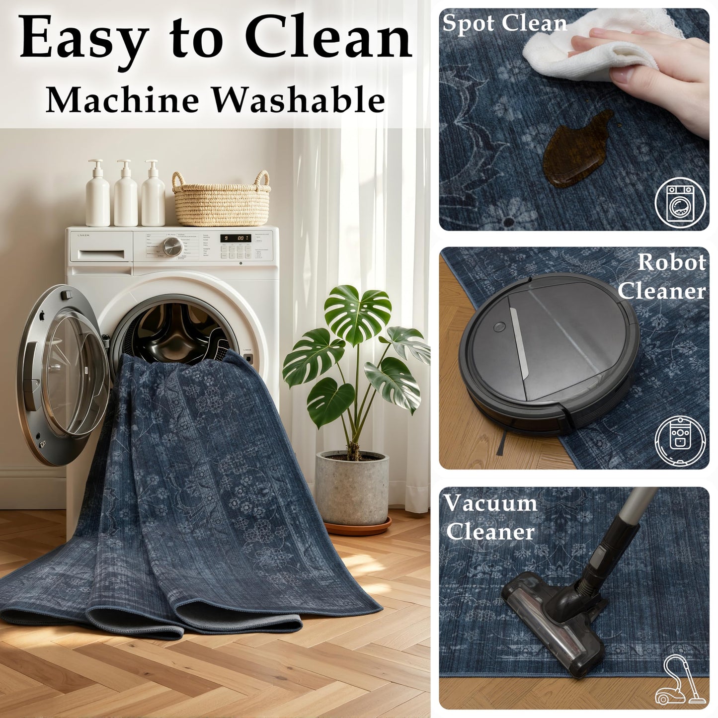 Ruaruarug Area Rug 8'×10', Non Slip Machine Washable Ultra Soft Stain & Fade Resistant, Pet & Kids Friendly, for Living Room/Bedroom/Kitchen/Classroom, Dark Blue