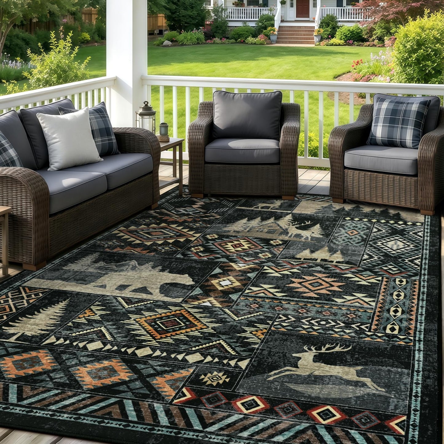 HOMORE Rustic Cabin Living Room Rug 5x7, Washable Southwestern Area Rug Geometric Carpet with Bear Print, Western Rugs for Bedroom Dining Room,Black