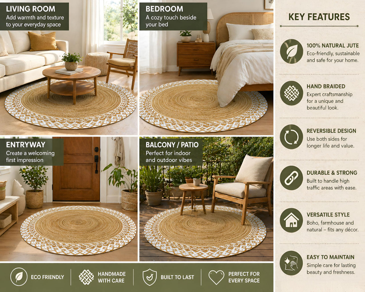 4 Ft Round Jute Rug – Handwoven Natural Fiber Area Rug with White Border, Boho Braided Rug for Living Room, Dining Table, Entryway & Bedroom, Durable & Eco-Friendly Carpet