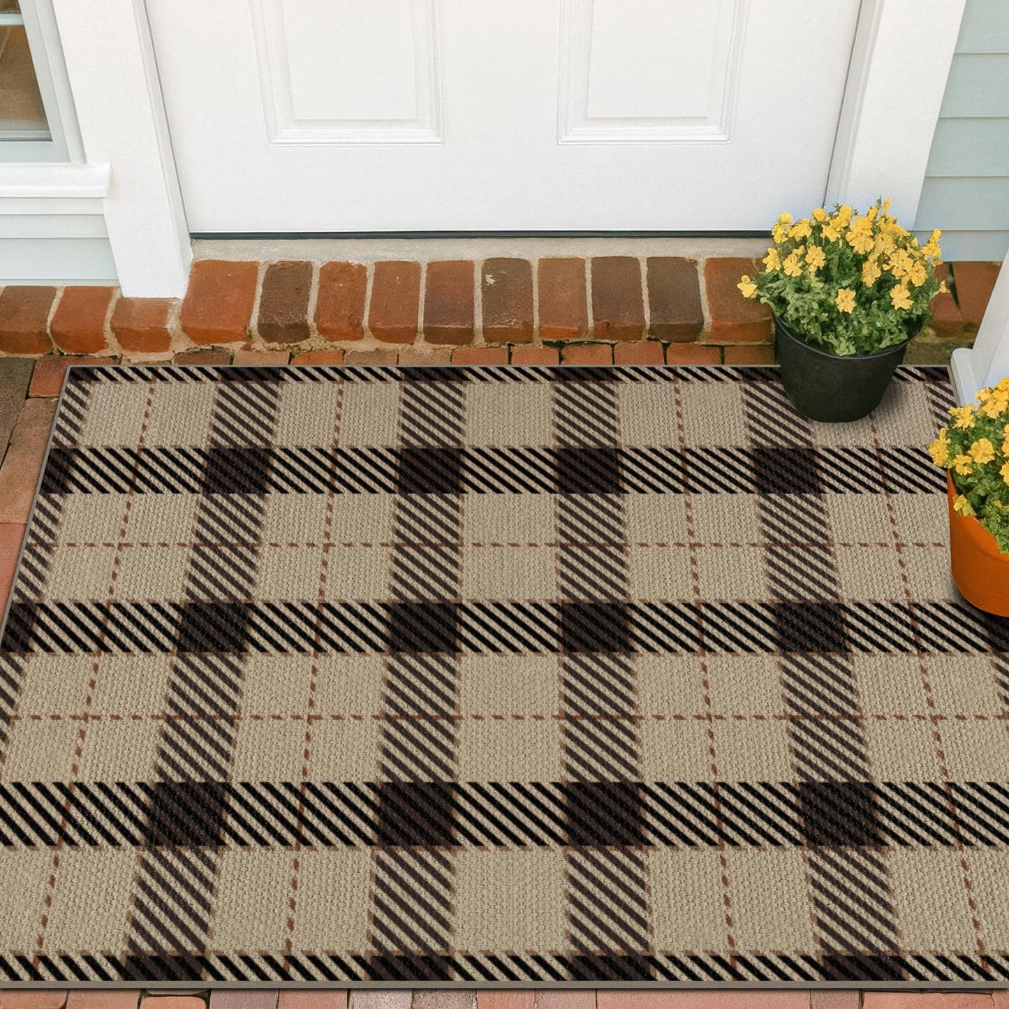 3x4 Entryway Door Mat Indoor – Washable Non Slip Small Rug for Front Door, Kitchen Sink, Mudroom, Garage Entry, Low Profile Easy Clean Farmhouse Plaid Floor Mat