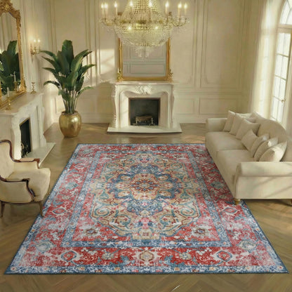 Superior Medallion Washable Rug, Cotton Backing, Carpet for Dining Table Mud Room, Easy Care, Non-Slip Rug for Entry, Living Room, Bedroom, Low Pile Area Rug, Tanager Collection, 10' x 14', Red