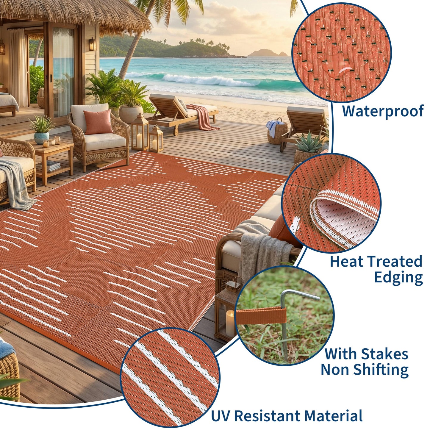 Garvee 6x9 Area Rugs Plastic Reversible Patio Rugs Outdoor Waterproof Easy-Cleaning Large Floor Mat for Outdoors Backyard Porch RV Beach Picnic Terracotta White