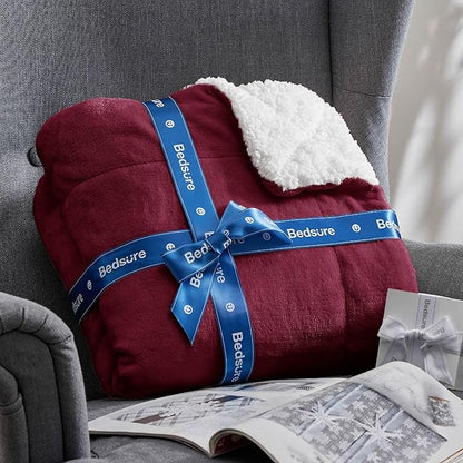 Bedsure GentleSoft Sherpa Fleece Blankets King Size for Bed - Thick and Warm Throw for Women, Soft Fuzzy Plush King Christmas Blanket for Winter, Burgundy, 108x90 Inches