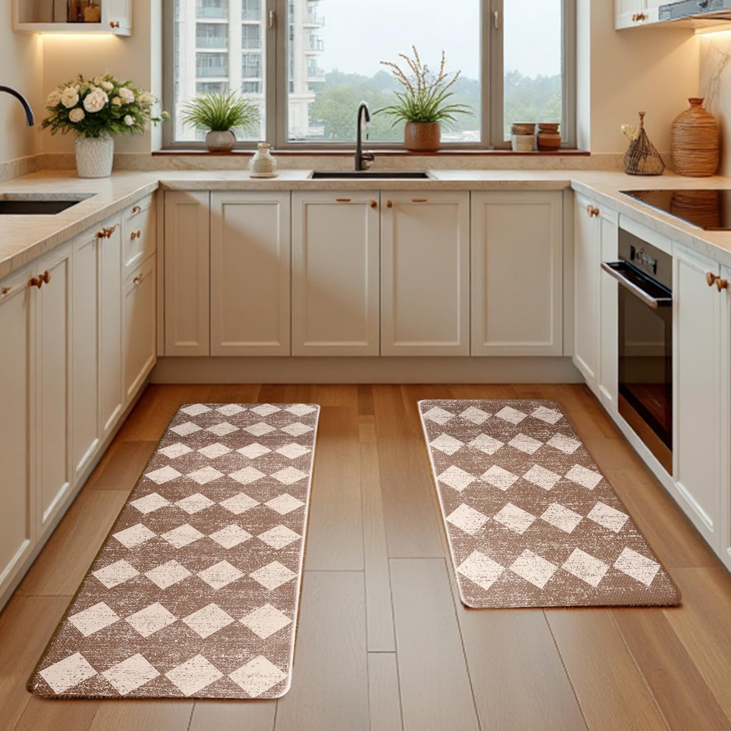 VivaNest Khaki Beige Moroccan Trellis Checkered Kitchen Rug Sets [2 PCs], Anti-Fatigue, Waterproof Non-Slip Kitchen Mats Heavy Duty Ergonomic Comfort Foam Rug for Floor, Home, Laundry,17"x29"+17"x47"