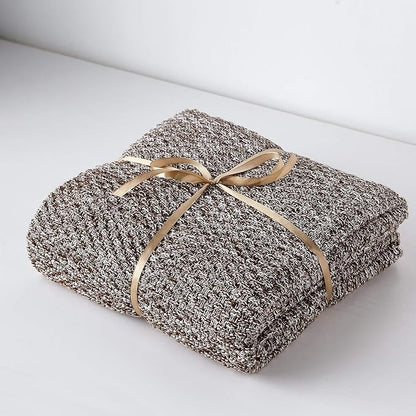 Longhui bedding Coffee Knitted Throw Blanket for Couch, Soft, Cozy Machine Washable 100% Cotton Sofa Knit Blankets, Heavy 4.0lb Weight, 60 x 80 Inches, Coffee and White Color.