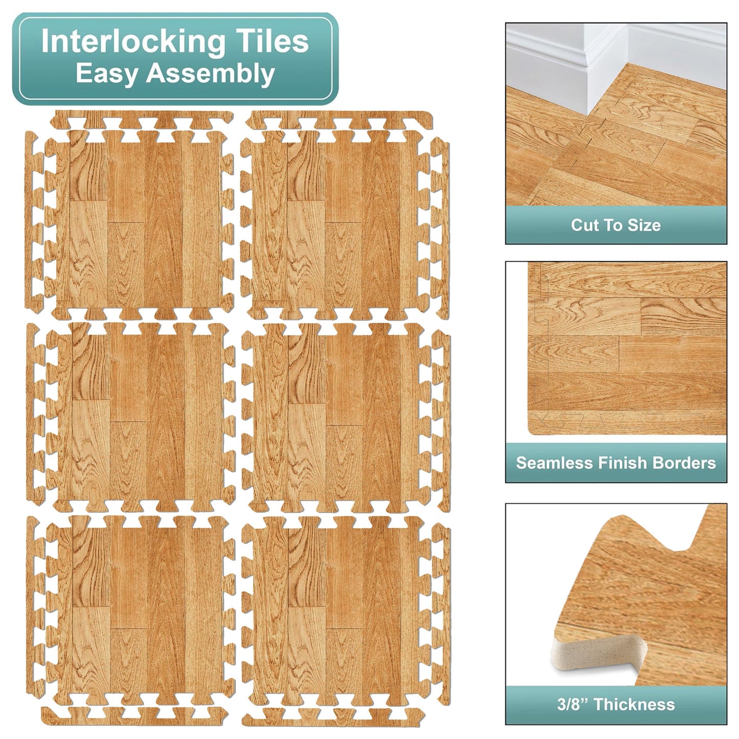 Sorbus Wood Grain Floor Mats Foam Interlocking Mats Each Tile 1 Square Foot 3/8-Inch Thick Flooring Wood Mat Tiles - Home Office Playroom Basement Trade Show (16 Tiles,16 Sq ft, Wood Grain - Pine)