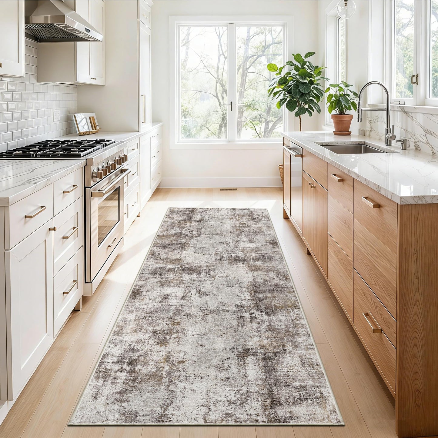 2x5 Washable Runner Rug for Hallway: Non Slip Entryway Runners Rugs Easy-to-Clean - Soft Living Room Bedroom Carpet - Thin Low Pile Floor Mat - Pinkish Beige Brown