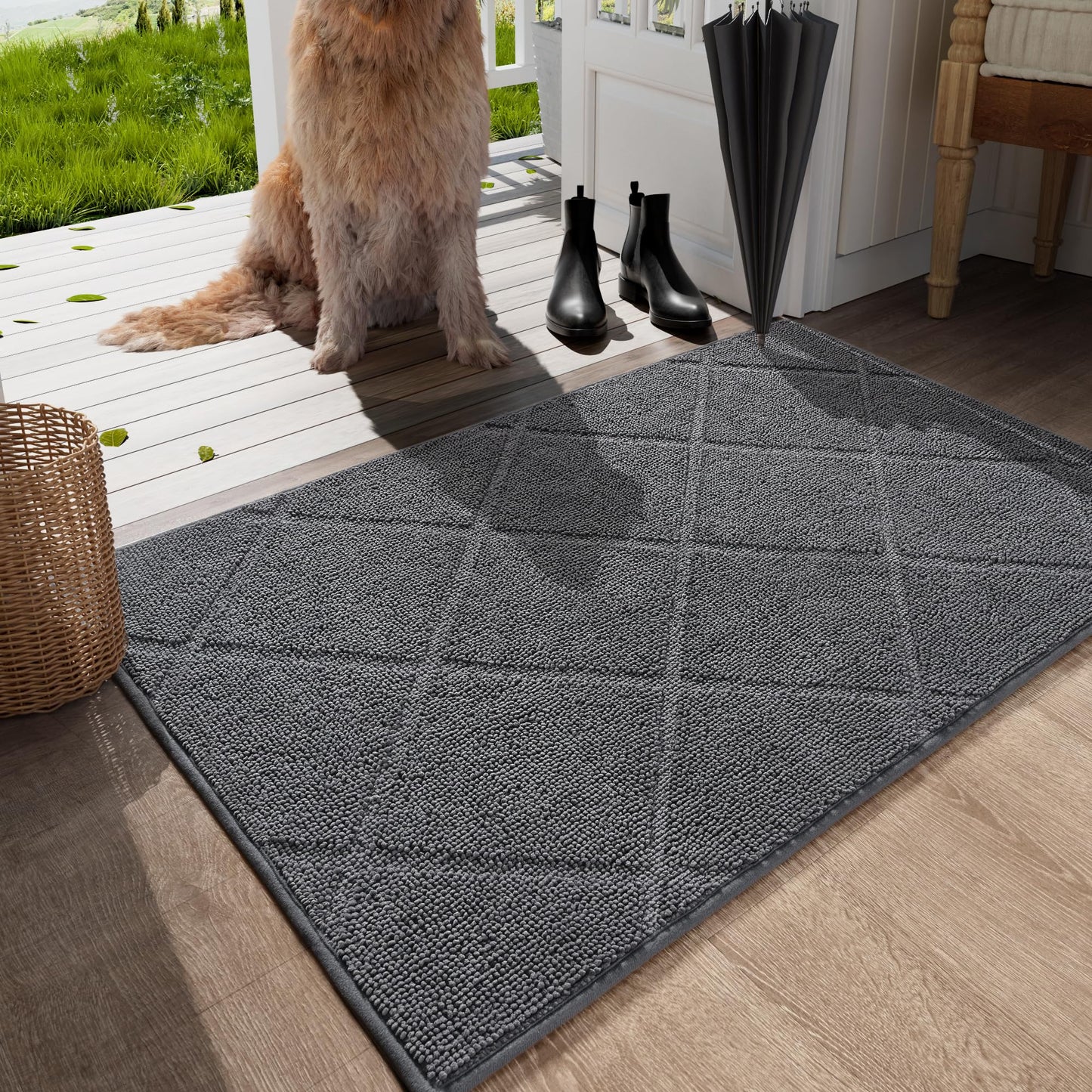 LOCHAS Grey Indoor Door Mat 20x32 Inch, Rubber Backing, Washable Absorbent Chenille Doormat, Low-Profile, Non Slip Microfiber Entrance Mat, Quick Dry Resist Dirt Front Welcome Mats for Entryway Home