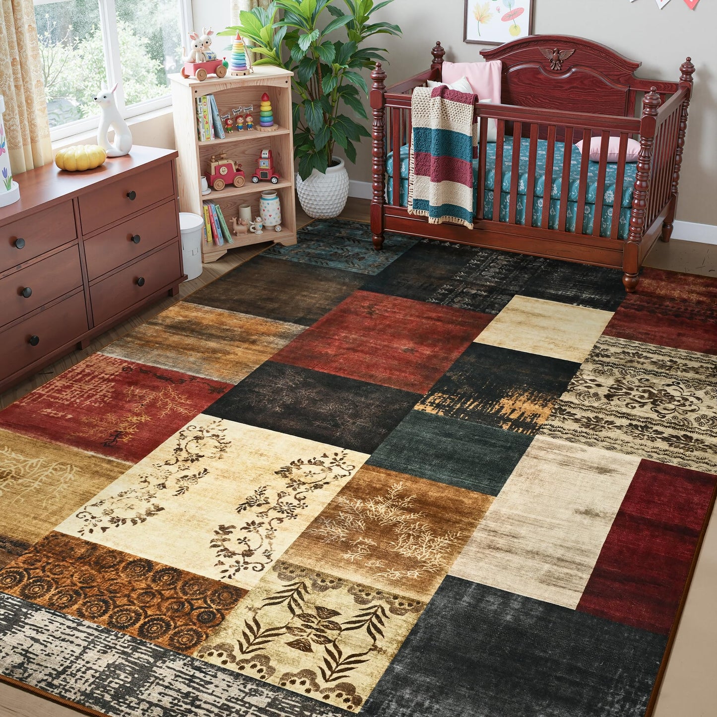 Tepook Modern Area Rug for Living Room, 4x6 Geometric Large Rugs for Bedroom, Washable Patchwork Rug Indoor Non-Slip Throw Carpets for Dining Room Office Farmhouse Home Decor, Multi