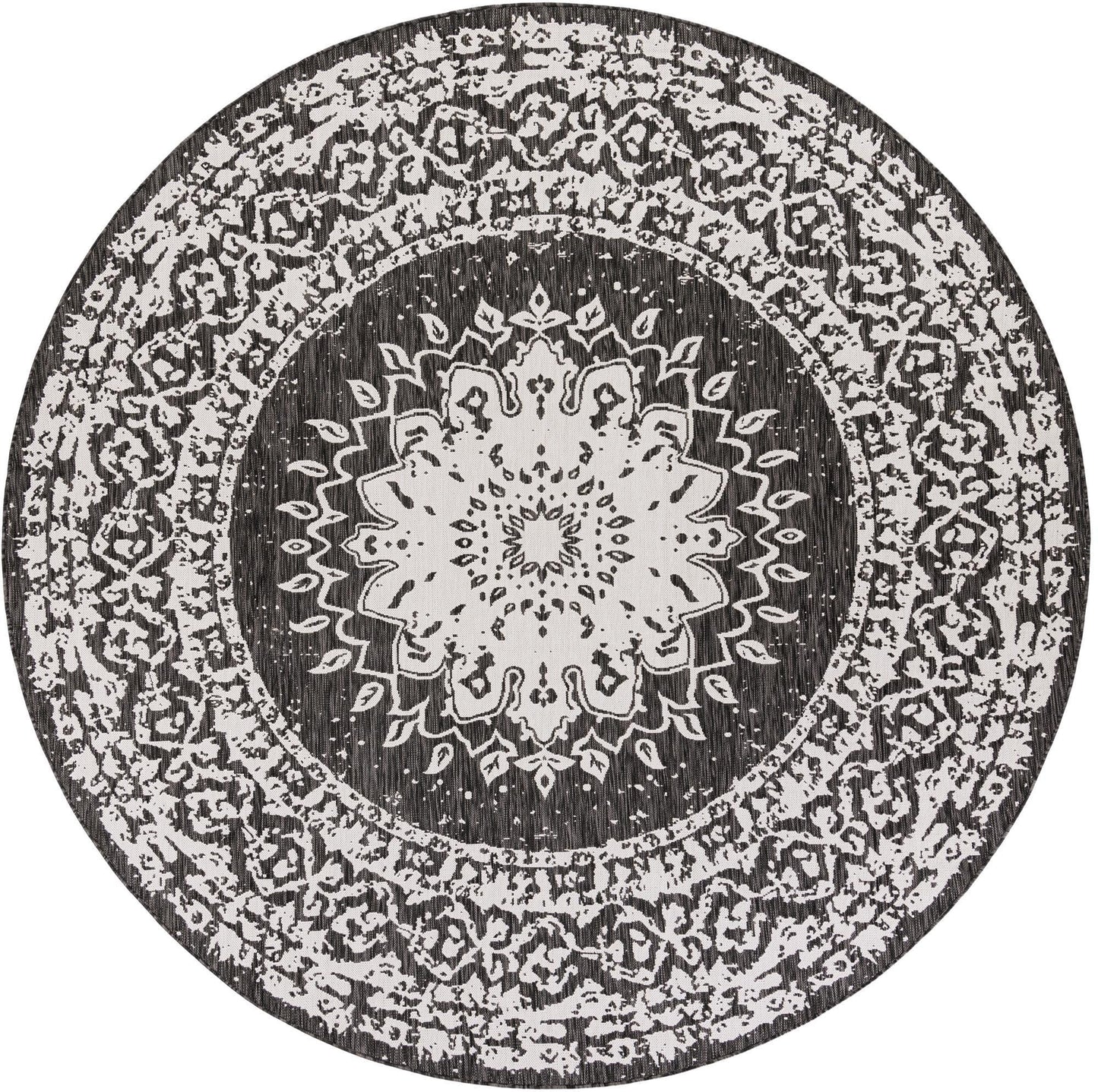 Rugs.com Outdoor Traditional Collection Rug – 10 Ft Round Black and White Flatweave-Pile Rug Perfect for Kitchens, Dining Rooms