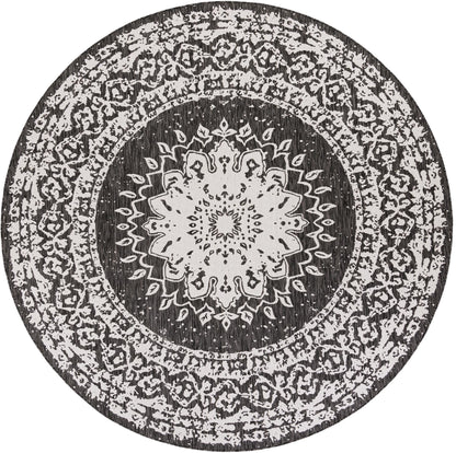 Rugs.com Outdoor Traditional Collection Rug – 10 Ft Round Black and White Flatweave-Pile Rug Perfect for Kitchens, Dining Rooms