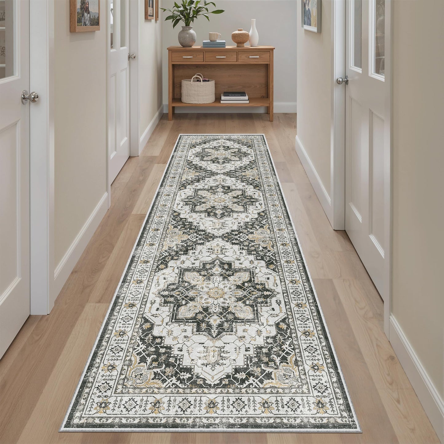 Madane Runner Rug 2x8, Washable Hallway Runner Rugs, Non-Slip Low-Pile Soft Kitchen Rug Runner Laundry Room Rug, Vintage Throw Entry Foyer Mat for Entrance Living Room (Black, 2 x 8)