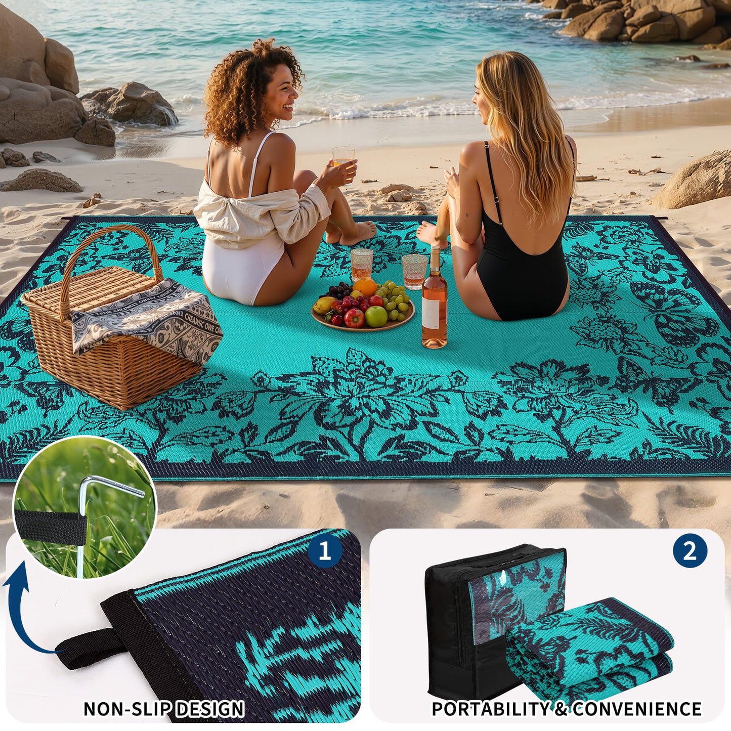 Garvee 5’x8’ Waterproof Patio Outdoor Rug, Outdoor Plastic Straw Rug for Camping, RV Mat Outside, Indoor Outdoor Carpet for Porch, Deck, Backyard, Balcony, Picnic, Dark Blue & Teal