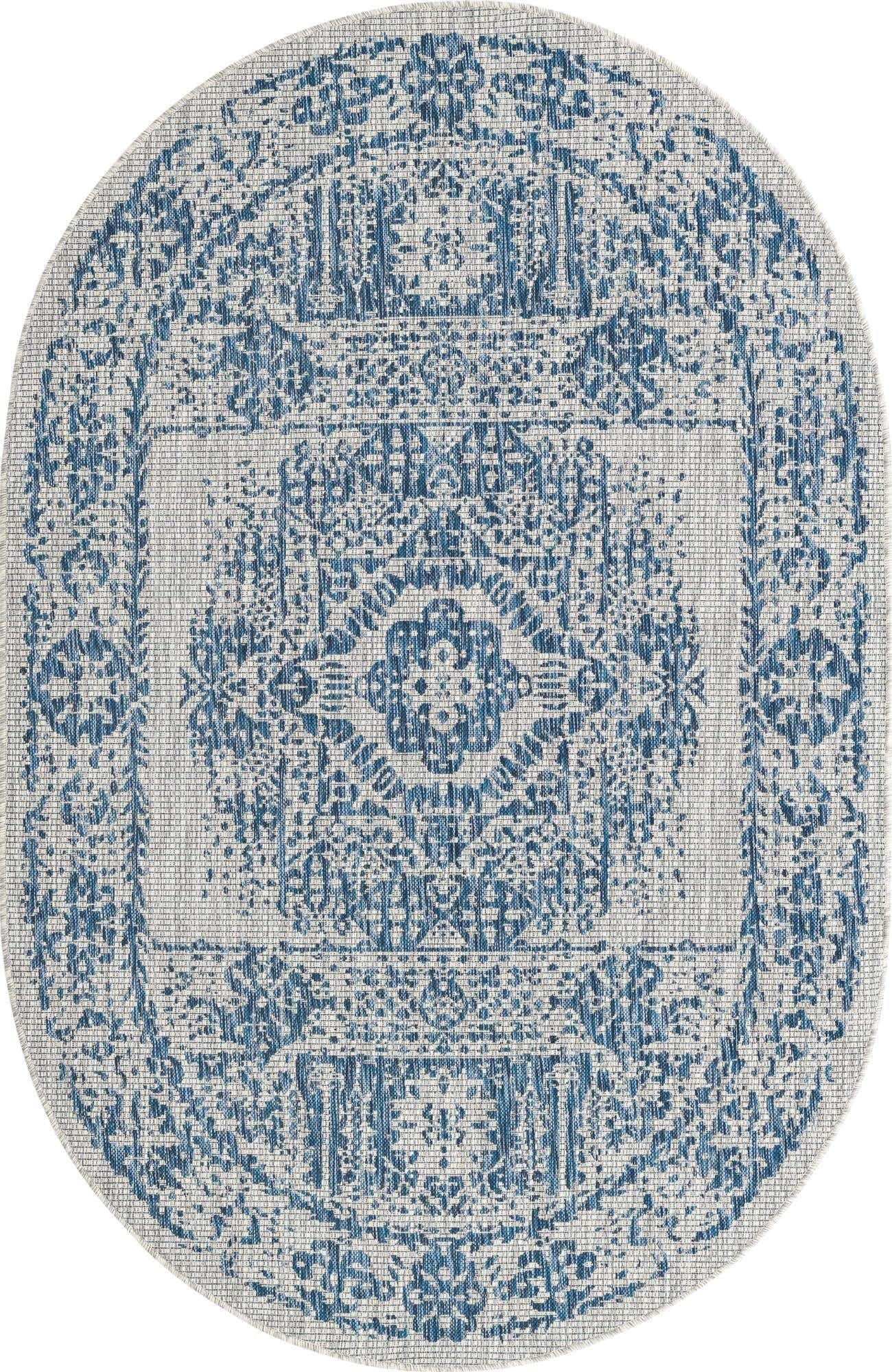 Unique Loom Outdoor Traditional Collection Area Rug - Timeworn (5' 3" x 8' Oval, Blue/ Gray)