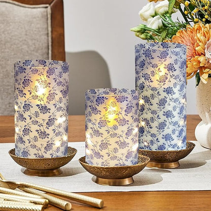 Flickering Flameless Candles Vintage Blue Floral Print, Embedded Star String Lights, Battery Operated Acrylic LED Pillar Candles with 11-Key Remote and Timer for Home Decoration, 3 Pack