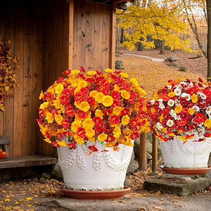 Artificial Fall Flowers for Outdoor, Fake Petunias Plants, Faux Flower, Fake Mums, 4PCS Fall Outdoor Decoration, UV Resistant, Silk Morning Glorias, for Home Garden Porch Planter (Deep Autumn)
