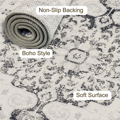 LOOMY Area Rug 8x10 Washable Rug Gray Vintage Traditional Mat Distressed Indoor Foldable Thin Retro Accent Floral Non Slip Carpet Living Room Dining Room Office