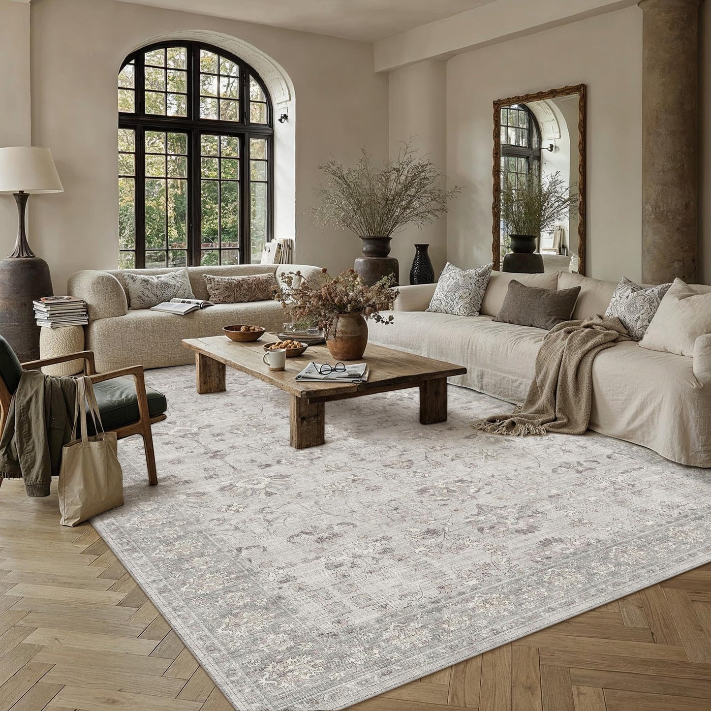 PureCozy 8x10 Living Room Area Rug Gray Washable Vintage Carpet Non Slip Low Pile Bedroom Traditional Distressed Large Throw Retro Grey Rug for Dining Room Home Office